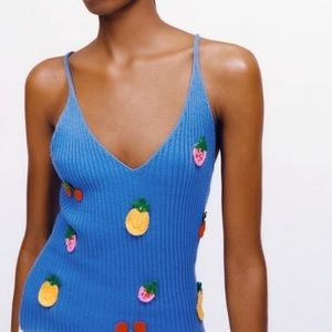 Zara Embroidered Fruit Rib Knit Top Size Small